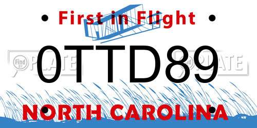 0TTD89 North Carolina License Plate