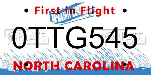 0TTG545 North Carolina License Plate