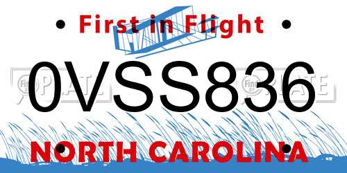 0VSS836 North Carolina License Plate