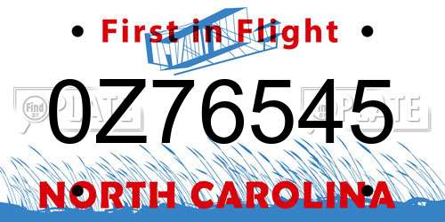 0Z76545 North Carolina License Plate