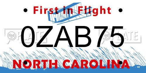0ZAB75 North Carolina License Plate
