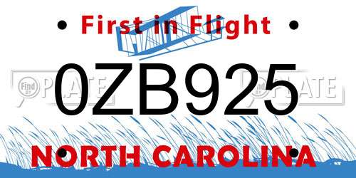 0ZB925 North Carolina License Plate