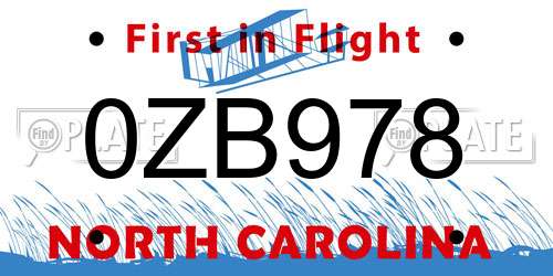 0ZB978 North Carolina License Plate