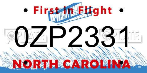 0ZP2331 North Carolina License Plate