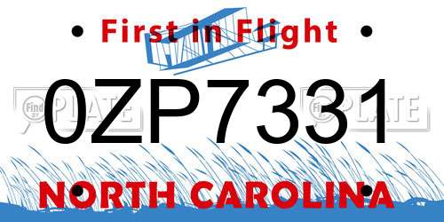 0ZP7331 North Carolina License Plate