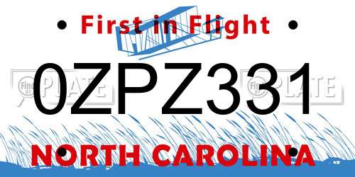 0ZPZ331 North Carolina License Plate