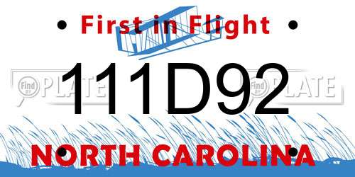 111D92 North Carolina License Plate