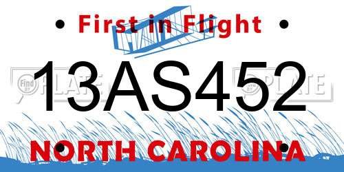 13AS452 North Carolina License Plate
