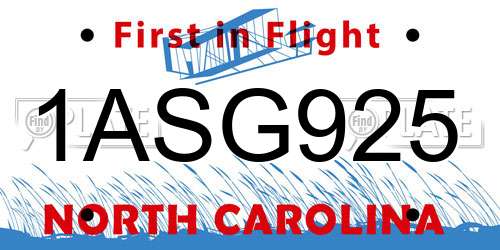 1ASG925 North Carolina License Plate