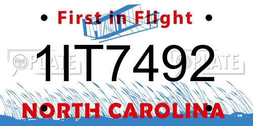 1IT7492 North Carolina License Plate
