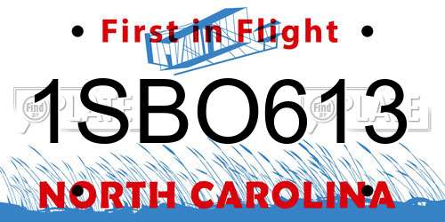 1SBO613 North Carolina License Plate