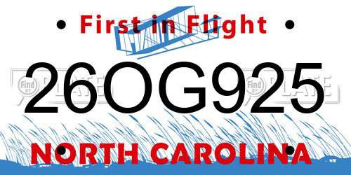 26OG925 North Carolina License Plate
