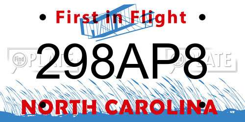298AP8 North Carolina License Plate