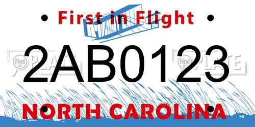 2AB0123 North Carolina License Plate