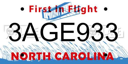 3AGE933 North Carolina License Plate