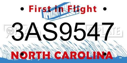 3AS9547 North Carolina License Plate
