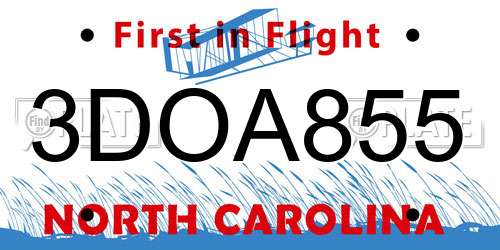 3DOA855 North Carolina License Plate
