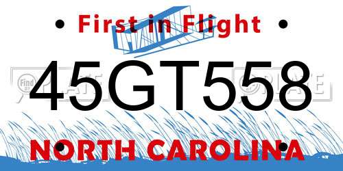 45GT558 North Carolina License Plate