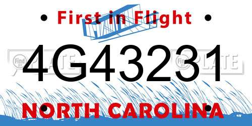 4G43231 North Carolina License Plate