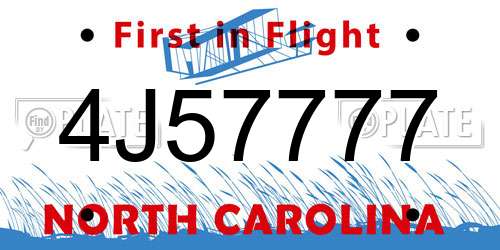 4J57777 North Carolina License Plate