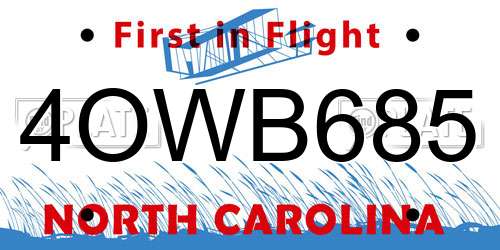 4OWB685 North Carolina License Plate