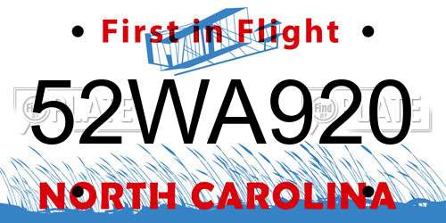 52WA920 North Carolina License Plate