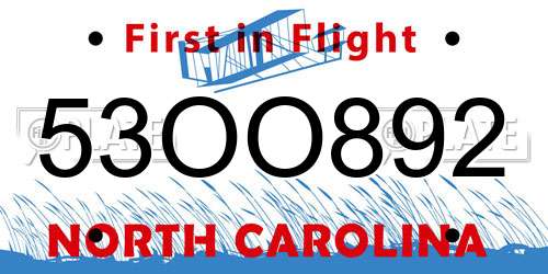 53OO892 North Carolina License Plate