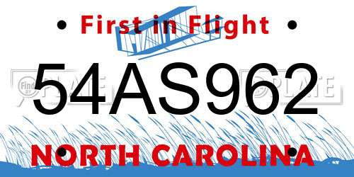 54AS962 North Carolina License Plate