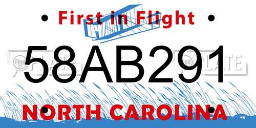 58AB291 North Carolina License Plate