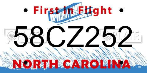 58CZ252 North Carolina License Plate