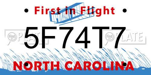 5F74T7 North Carolina License Plate