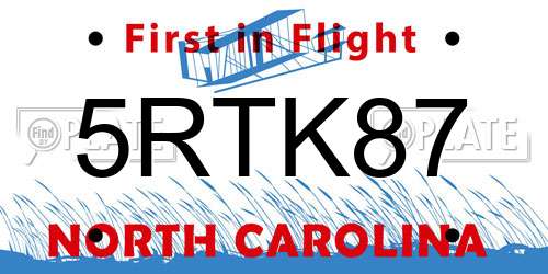 5RTK87 North Carolina License Plate