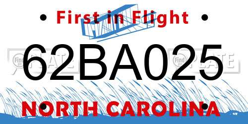 62BA025 North Carolina License Plate