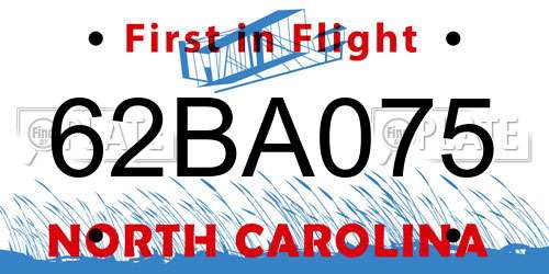 62BA075 North Carolina License Plate