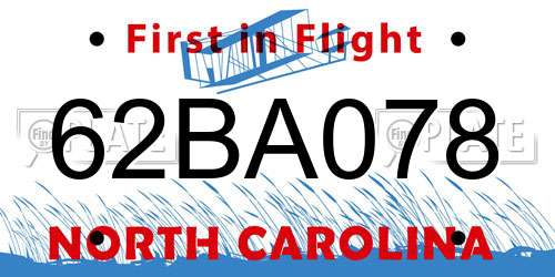 62BA078 North Carolina License Plate