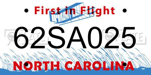 62SA025 North Carolina License Plate