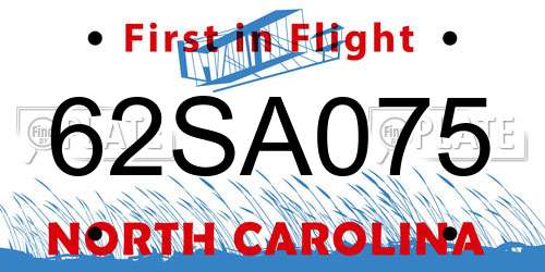 62SA075 North Carolina License Plate