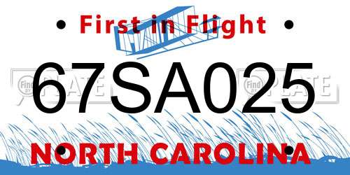 67SA025 North Carolina License Plate