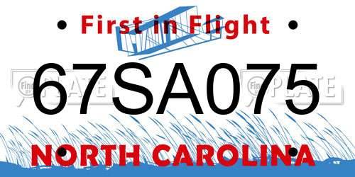 67SA075 North Carolina License Plate