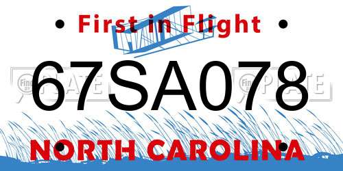 67SA078 North Carolina License Plate