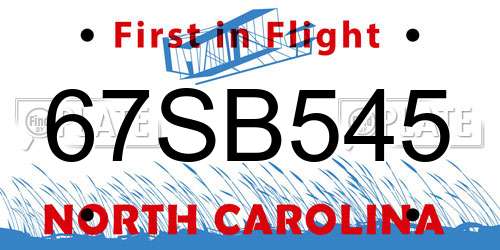 67SB545 North Carolina License Plate