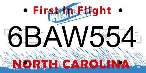 6BAW554 North Carolina License Plate