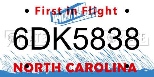 6DK5838 North Carolina License Plate