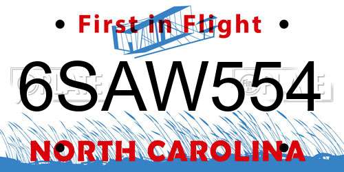 6SAW554 North Carolina License Plate