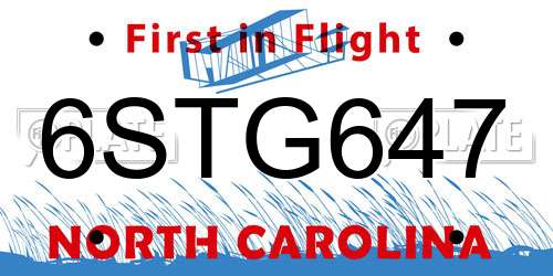 6STG647 North Carolina License Plate