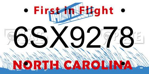 6SX9278 North Carolina License Plate