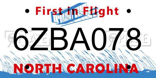 6ZBA078 North Carolina License Plate