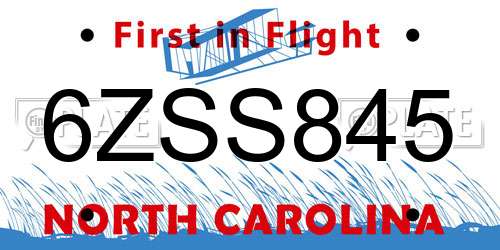 6ZSS845 North Carolina License Plate