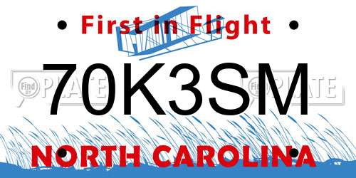 70K3SM North Carolina License Plate