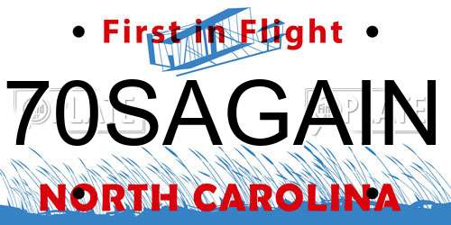 70SAGAIN North Carolina License Plate